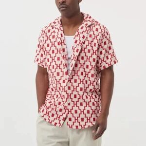 Men's OAS Machu Cuba Red Cream Geometric Terry Cloth Casual Button Front Shirt S